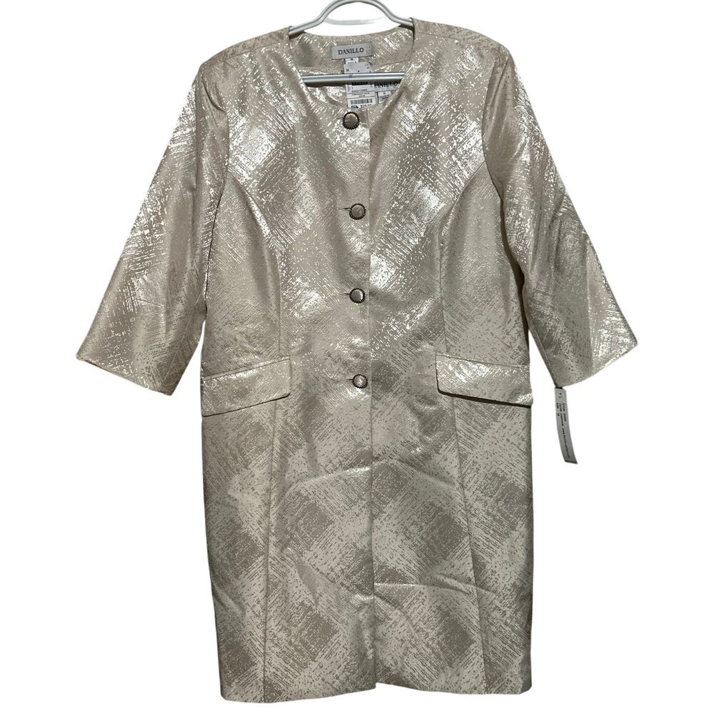 Danillo Women's 2 Piece Cream Metallic Damask Fabric Long Jacket & Dress Size 16